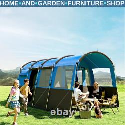 Tente de camping 8 personnes design tunnel avec 4 grandes fenêtres et cabines de couchage bleue