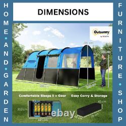 Tente de camping 8 personnes design tunnel avec 4 grandes fenêtres et cabines de couchage bleue