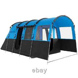 Tente de camping 8 personnes design tunnel avec 4 grandes fenêtres et cabines de couchage bleue