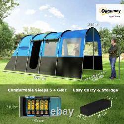 Tente de camping 8 personnes design tunnel avec 4 grandes fenêtres et cabines de couchage bleue
