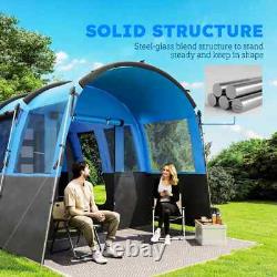 Tente de camping 8 personnes design tunnel avec 4 grandes fenêtres et cabines de couchage bleue