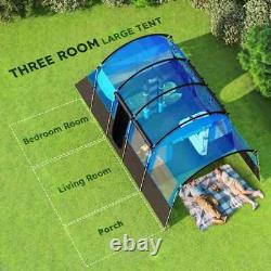 Tente de camping 8 personnes design tunnel avec 4 grandes fenêtres et cabines de couchage bleue