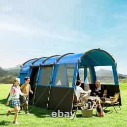 Tente de camping 8 personnes design tunnel avec 4 grandes fenêtres et cabines de couchage bleue
