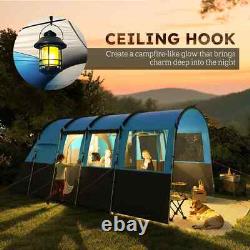 Tente de camping 8 personnes design tunnel avec 4 grandes fenêtres et cabines de couchage bleue