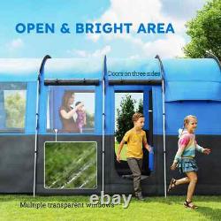 Tente de camping 8 personnes design tunnel avec 4 grandes fenêtres et cabines de couchage bleue