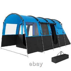 Tente de camping 8 personnes design tunnel avec 4 grandes fenêtres et cabines de couchage bleue