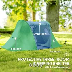 Tente de camping Outsunny pour 3 personnes avec 2 chambres, étanche 3000mm, verte