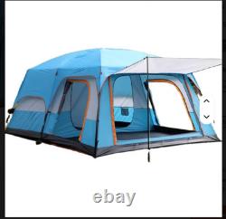 Tente de camping avec 2 chambres + salon, imperméable, bleu/orange, 8-12 personnes