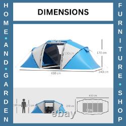 Tente de camping en dôme pour 4-6 personnes, abri de randonnée avec fenêtres en mesh, bleu/blanc