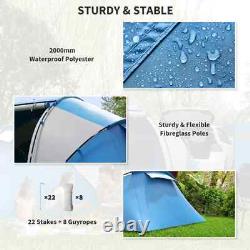 Tente de camping en dôme pour 4-6 personnes, abri de randonnée avec fenêtres en mesh, bleu/blanc