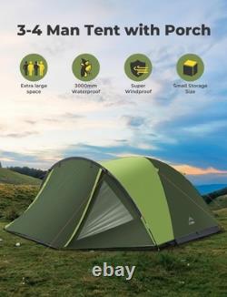 Tente de camping familiale 3-4 personnes avec porche, imperméable 3000 mm