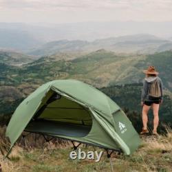 Tente de camping pliable pour 1 personne avec lit de camping surélevé et housses de pluie