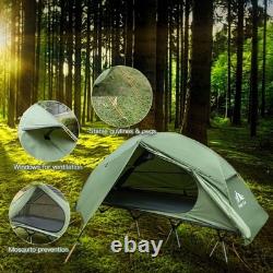 Tente de camping pliable pour 1 personne avec lit de camping surélevé et housses de pluie