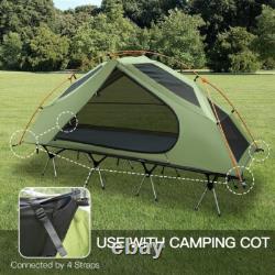 Tente de camping pliable pour 1 personne avec lit de camping surélevé et housses de pluie
