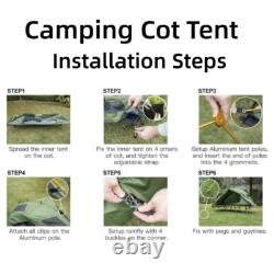 Tente de camping pliable pour 1 personne avec lit de camping surélevé et housses de pluie