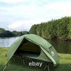 Tente de camping pliable pour 1 personne avec lit surélevé et housses de pluie.