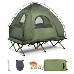 Tente de camping pliante pour 2 personnes surélevée avec matelas gonflable et sacs de couchage