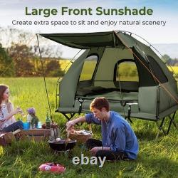Tente de camping pliante pour 2 personnes surélevée avec matelas gonflable et sacs de couchage