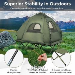Tente de camping pliante pour 2 personnes surélevée avec matelas gonflable et sacs de couchage