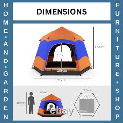 Tente de camping pop-up 6 personnes abri solaire résistant aux intempéries avec 4 fenêtres orange
