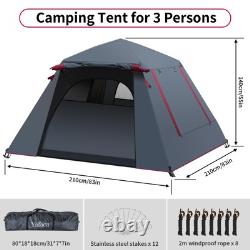 Tente de camping pour 3 personnes, tente pop-up extra large, imperméable, tente automatique en forme de dôme avec 2