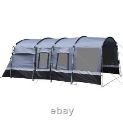 Tente de camping pour 8 personnes à design en tunnel avec 4 grandes fenêtres, couleur gris foncé.