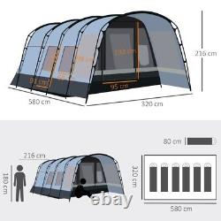 Tente de camping pour 8 personnes à design en tunnel avec 4 grandes fenêtres, couleur gris foncé.