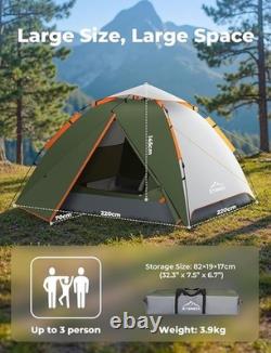 Tente de camping, tente instantanée pop-up pour 3 personnes, imperméable, grande tente automatique à double couche