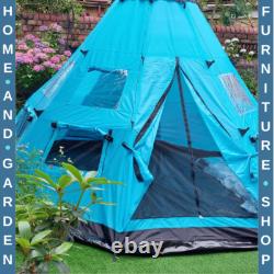 Tente de camping tipi pour 6 personnes avec porte zippée et fenêtres en mesh pour la famille