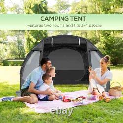 Tente de camping tunnel 3-4 personnes avec 2 chambres, fenêtres et sac de transport pour randonnée et pêche
