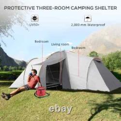 Tente de camping tunnel 4-6 personnes avec 2 chambres, espace de vie et porche, randonnée gris/jaune