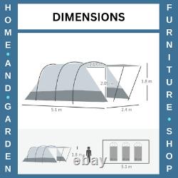 Tente de camping tunnel 6-8 personnes avec aire de vie, 3 portes et sac de transport