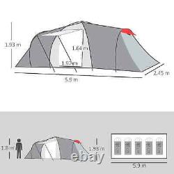 Tente de camping tunnel portable pour 6 personnes avec chambre et équipement de randonnée avec sac de transport gris.