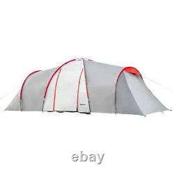 Tente de camping tunnel portable pour 6 personnes avec chambre et équipement de randonnée avec sac de transport gris.