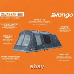 Tente familiale tunnel Vango Savannah 400 avec poteaux pour 4 personnes + toile de sol