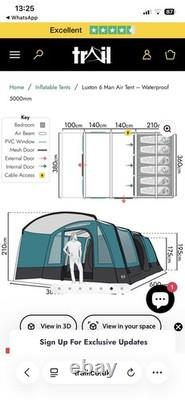 Tente gonflable Luxton pour 6 personnes, colonne d’eau 5000 mm, espace de vie, chambre, auvent, pompe et sac