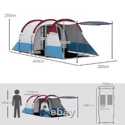 Tente tunnel de camping pour 2 personnes avec chambre, séjour et auvent, rouge