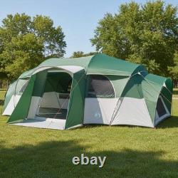 Tente tunnel familiale 10 personnes imperméable pour camping, abri extérieur grand format vert