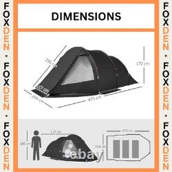 Tente tunnel noire pour 3 à 4 personnes avec aérations, sac de transport, festival, arceaux en fibre de verre FOXDEN